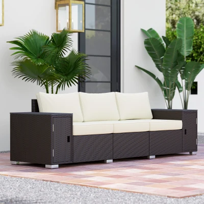 Wicker Outdoor Couch 97.2" x 27.6" x 28.3" Cream White/Brown