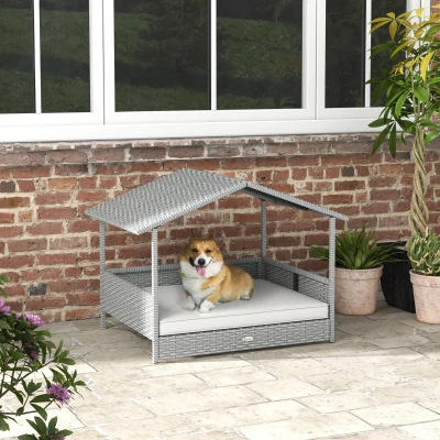 PawHut Wicker Dog House with Canopy, Raised Bed for Dogs up to 66 lbs