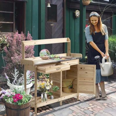 Outsunny Outdoor Potting Bench Table, Natural with Storage