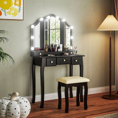 HOMCOM Makeup Vanity Table with Stool, Vanity Set with 10 LED Lights, 5 Drawers and 3 Compartments, Black