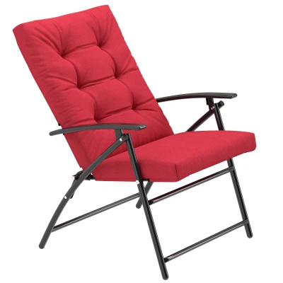 Outsunny Foldable Lounge Chair, Fabric Upholstered Recliner, Outdoor Lounger with Armrest, Metal Frame for Backyard, Red