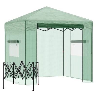 Outsunny 8' x 6' Portable Pop Up Greenhouse, Outdoor Walk-in Hot House with Roll-up Door & 2 Windows, Foldable Garden Green House for Plants Herbs Vegetables, Green