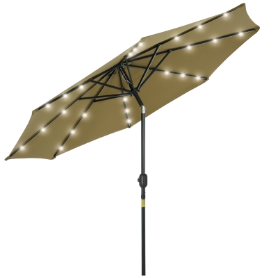 Outsunny 9ft Solar Patio Umbrella Outdoor Sunshade 24 LED Lights Tilt Canopy, Brown