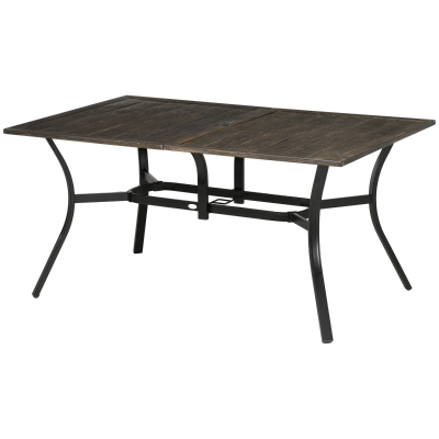 Outsunny Steel Frame 59 Inch Outdoor Dining Table for Six with Parasol Hole, Wood Grain Tabletop, for Backyard, Garden, Brown