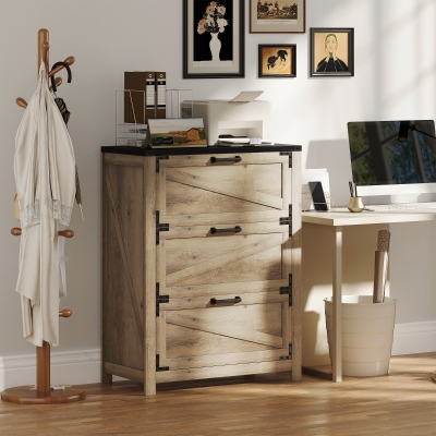 HOMCOM 3 Drawer Filing Cabinet, Farmhouse Office Storage Cabinet with Adjustable Hanging Bars for Letter, A4, Legal Size, Grey