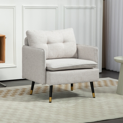 HOMCOM Accent Chair, Upholstered Armchair with Tufted Back Cushion and Steel Legs for Living Room, Bedroom, Cream White
