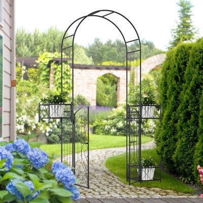 Outsunny 7.1FT Metal Garden Arch with Gate and 4 Planter Boxes, Garden Arbor Trellis for Climbing Plants, Outdoor Wedding, Decoration, Bridal Party, Black