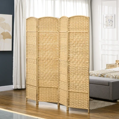 HOMCOM 6' Folding Wood Privacy Screen, 4-Panel Room Divider, Natural