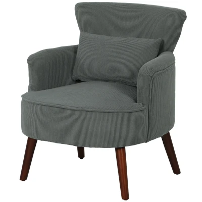 HOMCOM Modern Accent Chair, Upholstered Armchair with Solid Wood Legs and Lumbar Pillow for Living Room, Grey