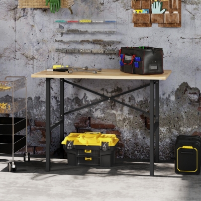 HOMCOM 46" Work bench Table Oak Wood Top, Heavy-Duty Steel Work Table High Stability Workstation, Natural Wood