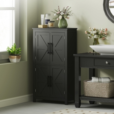 HOMCOM Farmhouse Bathroom Storage Cabinet, Bathroom Floor Cabinet with Barn Doors and Adjustable Shelf, Black