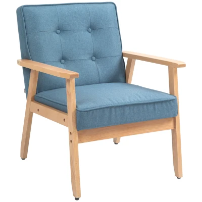 HOMCOM Modern Armchair Fabric, Accent Chair with Tufted Back, Wood Legs and Thick Padding for Living Room, Bedroom, Blue