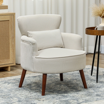 HOMCOM Modern Accent Chair, Upholstered Armchair with Solid Wood Legs and Lumbar Pillow for Living Room, Cream White