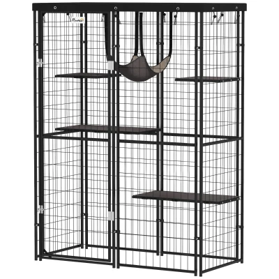 PawHut Metal Cat Cage with Waterproof Cover, 4 Platforms, Hammock, Washable Cushions for 1-3 Kittens, 46.5" x 22" x 62", Black