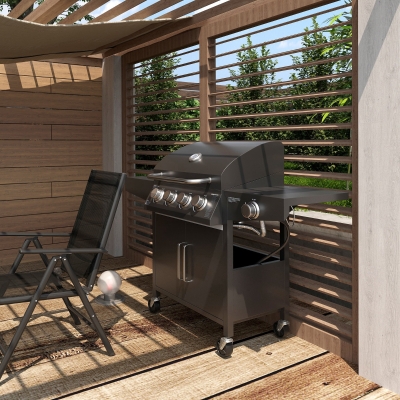 Outsunny 4+1 Burner Liquid Propane Gas Grill Outdoor Cabinet Style BBQ Trolley w/ Side Burner, Warming Rack, Side Shelf, Storage Cabinet, Thermometer, 4 Wheels, Carbon Steel, Black