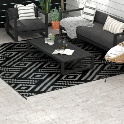 Outsunny 8' x 10' Reversible Outdoor Rug, Black & Gray Geometric
