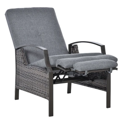 Outsunny Outdoor Rattan Recliner Chair, Wicker Reclining Chair with Adjustable Back Retractable Footrest Cushion Grey