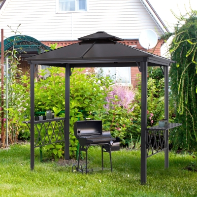 Outsunny Outdoor Hardtop Grill Gazebo Cooking BBQ Canopy w/ 6 Hooks for Utensils and Double Vented PC Roof, Coffee