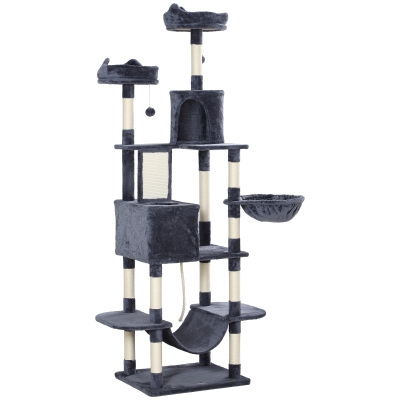 PawHut 81″ Cat Tree w/ Cat Scratching Posts, Scratching Board, Condos, Beds, Hammocks, Toy Balls, Rope Cat Toy, Gray
