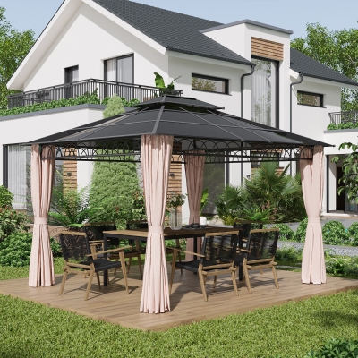 Outsunny 10' x 12' Outdoor Hardtop Gazebo Canopy w/ Double PC Roof, Steel Frame, Nettings, Curtains for Garden Lawn Deck, Khaki