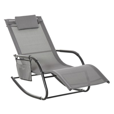 Outsunny Patio Rocking Chair with Mesh Fabric, Outdoor Rocking Sling Sun Lounger with Removable Headrest and Side Pocket for Garden, Deck, Lawn, Grey
