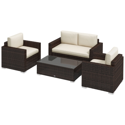 Outsunny 4-Piece Rattan Sofa Set, Outdoor Loveseat & Coffee Table, Khaki