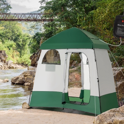 Outsunny Outdoor Portable Pop Up Shower Tent Changing Tent Privacy Enclosure with 2 Rooms, Shower Bag, Floor for Camping, Green