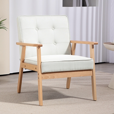 HOMCOM Modern Armchair Fabric, Accent Chair with Tufted Back, Wood Legs and Thick Padding for Living Room, Bedroom, Cream White