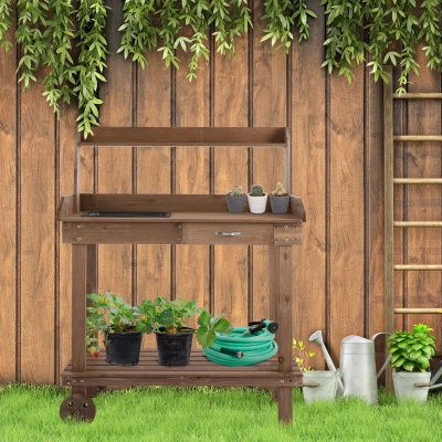 Outsunny 36'' Wooden Potting Bench with Sink & Storage, Brown