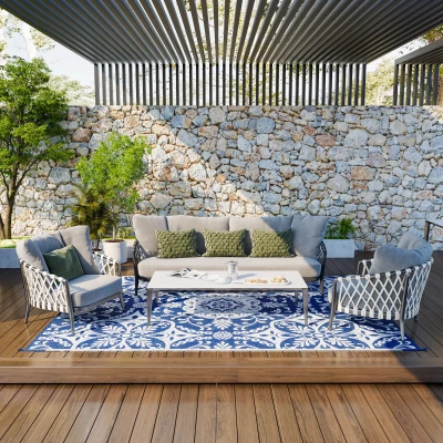 Outsunny 9' x 12' Reversible Outdoor Rug, Waterproof, Blue & White