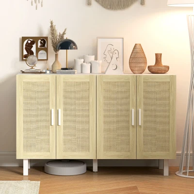 HOMCOM Boho Kitchen Cabinet with Rattan Doors, Adjustable Shelves, White