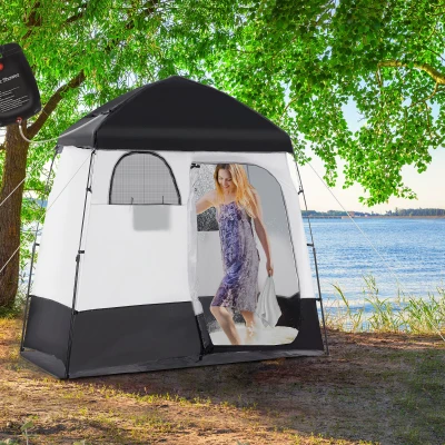 Outsunny Outdoor Portable Pop Up Shower Tent Changing Tent Privacy Enclosure with 2 Rooms, Shower Bag, Floor for Camping, Black