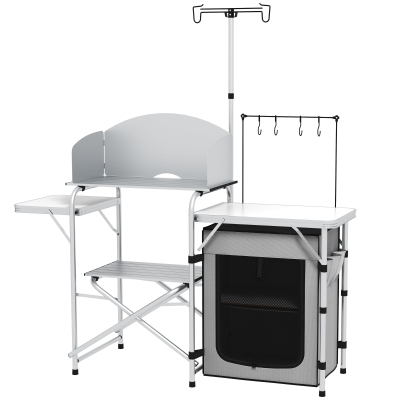 Outsunny Folding Camping Table with Storage Organizer Aluminum Portable Camping Kitchen with Windshield Light Stand Bag Silver