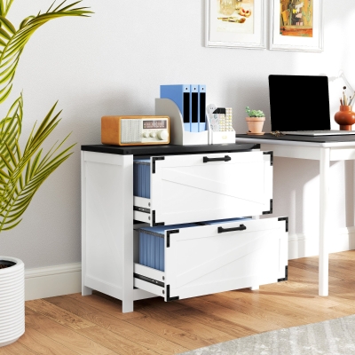 HOMCOM 2 Drawer Filing Cabinet, Farmhouse Office Storage Cabinet with Adjustable Hanging Bars for Letter, A4, Legal Size, White