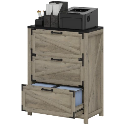 HOMCOM 3 Drawer Filing Cabinet, Farmhouse Office Storage Cabinet with Adjustable Hanging Bars for Letter, A4, Legal Size, Grey