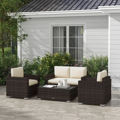 Outsunny 4-Piece Rattan Sofa Set, Outdoor Loveseat & Coffee Table, Khaki