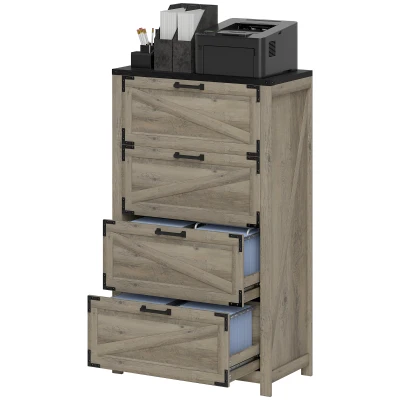 HOMCOM 4 Drawer Filing Cabinet, Farmhouse Office Storage Cabinet with Adjustable Hanging Bars for Letter, A4, Legal Size, Grey
