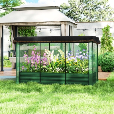Outsunny Galvanized Steel Planter Box with Crop Cage and Shade Cloth, Raised Garden Bed for Flowers, Vegs and Herbs