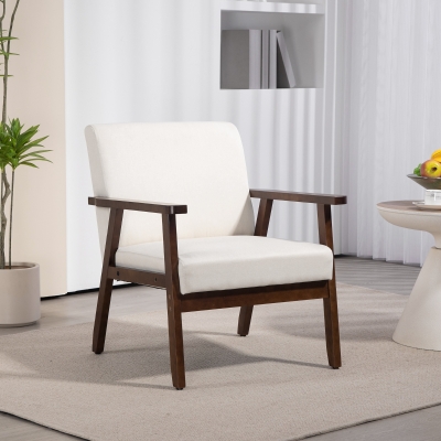 HOMCOM Modern Accent Chairs with Cushioned Seat, Upholstered Linen-Feel Armchair for Bedroom, Living Room, Cream White