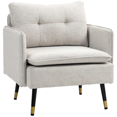 HOMCOM Modern Armchair, Upholstered Accent Chair with Tufted Back Cushion and Steel Legs for Living Room, Bedroom, Cream White