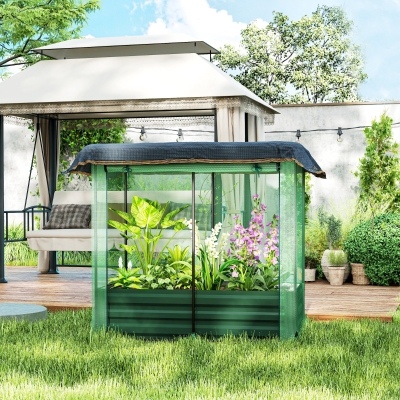 Outsunny Galvanized Steel Planter Box with Crop Cage and Shade Cloth, Raised Garden Bed for Flowers, Vegs and Herbs
