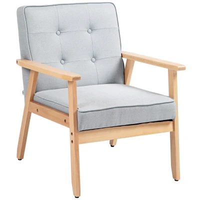 HOMCOM Modern Armchair Fabric, Accent Chair with Tufted Back, Wood Legs and Thick Padding for Living Room, Bedroom, Light Grey