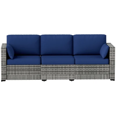 Outsunny 3-Seater Outdoor Sofa with Cushions, PE Rattan Conversation Patio Couch with Pillows for Garden, Poolside, Dark Blue