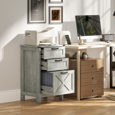 HOMCOM Vertical Filing Cabinet with 3 Drawers, Rustic Farmhouse Office Storage Cabinet for A4, Letter Size, Stone Grey