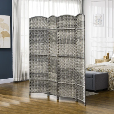 HOMCOM 6' Tall Folding Wood Privacy Screen, 4-Panel Partition, Gray