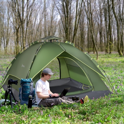 Outsunny Camping Tent, 3 Person Family Tent, 1000mm Waterproof, with Sewn-in Groundsheet and Carry Bag,  for Fishing, Dark Green