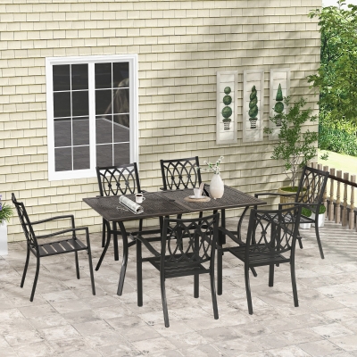 Outsunny 7 Pieces Outdoor Dining Set for 6 with Stackable Chairs with Wood Grain Top, for Garden, Patio, Backyard, Brown