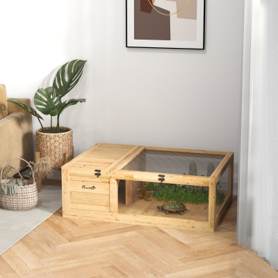 PawHut Wood Tortoise House for Lizards, Geckos, Indoor Outdoor Use, 35.8" x 23.8" x 12.6", Yellow