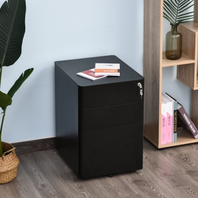 Vinsetto Metal Filing Cabinet 3 Drawer, Mobile Office Cabinet with Wheels for Legal, Letter, A4 File, Black