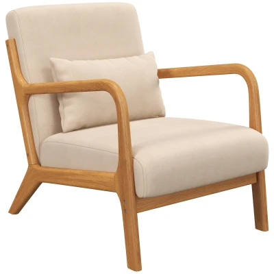 HOMCOM Fabric Lounge Chair, Velvet Armchair, Retro Accent Chair with Wood Legs and Thick Padding for Bedroom, Beige